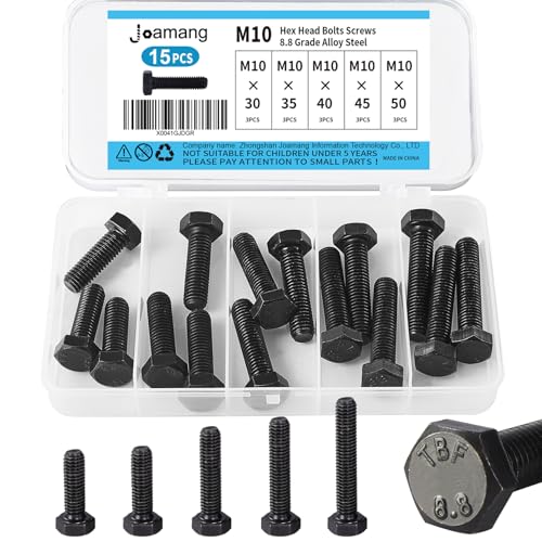 M10 x 30mm 35mm 40mm 45mm 50mm Hex Bolts, Hexagon Head Screw, 8.8 Grade Alloy Steel, Black Oxide Finish, Metric Full Machine Thread, Assortment Kit 15PCS - size: M10 x 30-50 mm(15PCS)