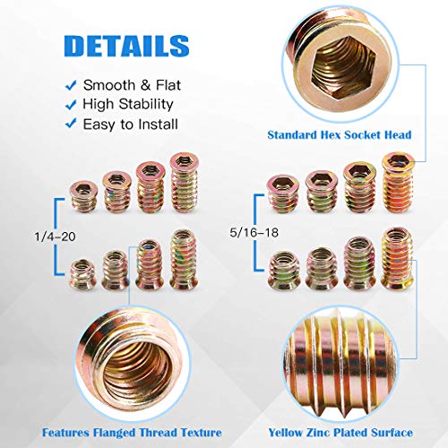 Glarks 120Pcs 1/4"-20, 5/16"-18 Threaded Inserts Nuts Assortment Set, Zinc Plated Carbon Steel Hex Socket Drive Furniture Flanged Screw-in Nut with M6 M8 Hex Wrench for Wood Furniture - size: 1/4"-20 & 5/16"-18 Assortment