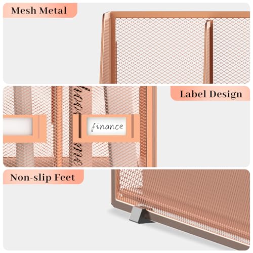 SUPEASY Desk Organizers Metal Desk Magazine File Holder with 5 Vertical Compartments Rack File Organizer for Office Desktop, Home Workspace, Rose Gold - color: Rose Gold, size: Small