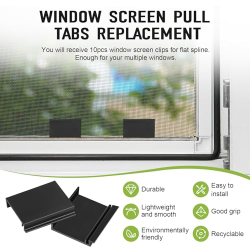 Window Screen Pull Tabs 20 Pack Hollow Flat Spline Channel Pull Lift Tabs Replacement Repair Clips Kit, Window Screen Frame Center Brace Privacy Screen Mounting Tabs, Black Vinyl