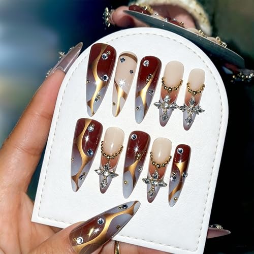 3D Press on Nails Almond - Long Tip Fake Nails with Embossed Cross&White Bead Designs, Glossy Finish Reusable False Nails for Women Manicure(3D Embossed design 25） - color: 3D Embossed design 25