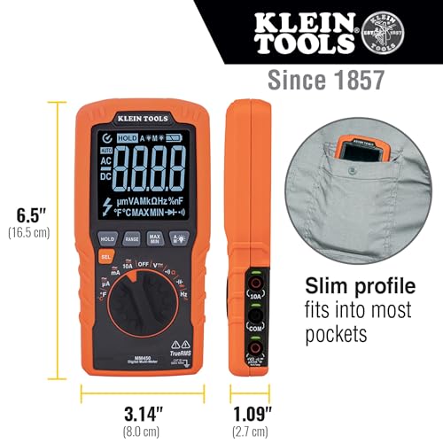 Klein Tools MM450 Slim Digital Multimeter, Reverse Contrast Display with Lead Alert, Auto-Ranging TRMS, 600V AC/DC Voltage, Current, Resistance, Temp, Frequency, Continuity - size: Slim Meter