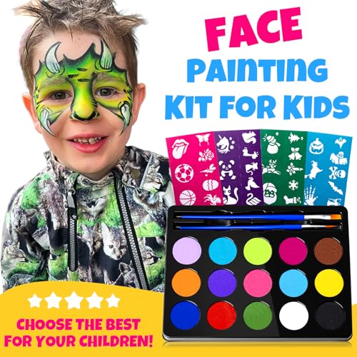 Drawdart Face Painting Kit for Kids - 15 Colors Non-Toxic Water Based Face Paint with Stencils & Brushes - Parties, Birthdays, Halloween Face Body Makeup Kit - color: 15 Colors Kit
