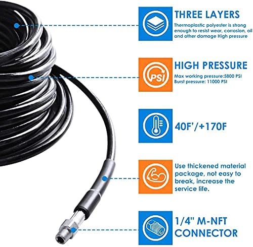 200FT Sewer Jetter Kit for Pressure Washer, 5800PSI Drain Cleaner Hose 1/4 Inch NPT Corner, Rotating and Button Hose Sewer Jetting Nozzle Pearl Corsage Pin Waterproof Tape with 2 Spanner - color: 200FT