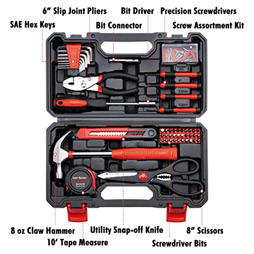 CARTMAN Complete Household Tool Set, Red Hand Kit With Storage Case - color: Dark Red