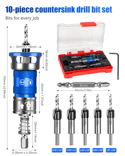 Upgrade 10PCS Countersink Drill Bit Set with Adjustable Depth Stopper - color: Blue, size: Extended - Quick Adjustment