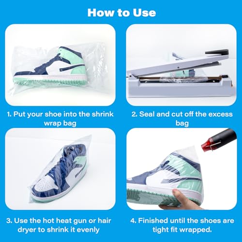 Shoe Shrink Wrap Bags with Heat Gun, 11x18 Inches 50Pcs Heat Shrink Wrap - size: 11x18 inches (50 pcs)
