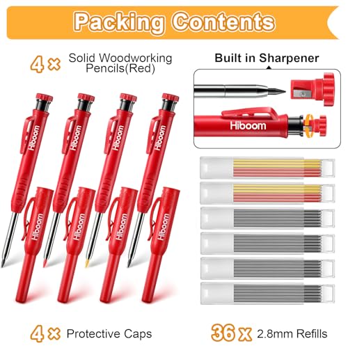 Hiboom 4 Pack Carpenter Pencil with 36 Refills Built In Sharpener (Red) - color: Red