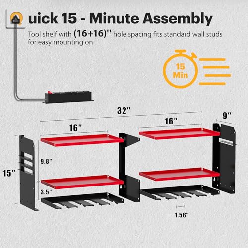 Spampur Power Tool Organizer Wall Mount with Charging Station - color: Red, size: 8 Slots