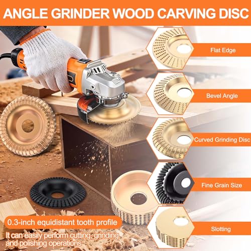 14PCS Angle Grinder Wood Carving Disc Set - 5Pcs 4"/4.5" 45# Carbon Steel Discs with 5 Rotary Burrs & 4 Adapter Rings, for Cutting, Polishing & Sculpting Hardwood/Softwood