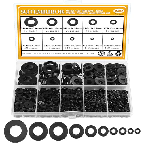 640 Pieces Black Nylon Flat Washers Assortment Kit, M2-M10, Nylon Metric & Flat Washers - color: Black Nylon