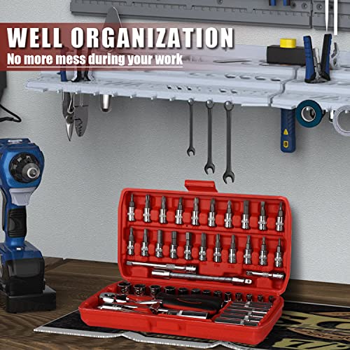 Egofine 53 Pieces 1/4 inch Drive Socket Ratchet Wrench Set with 72 Tooth Reversible Ratchet, with Bit Socket Set and Extension Bar for Auto Repairing and Household, with Storage Case