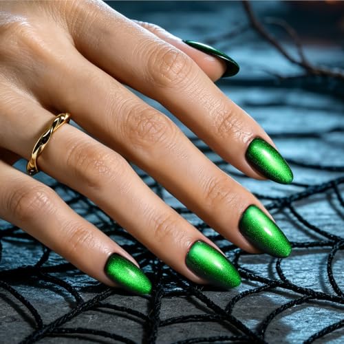 Beetles Halloween Press On Nails, Green Cat Eye Short Almond, 32 Pieces - color: 3B - Midnight Moss - S