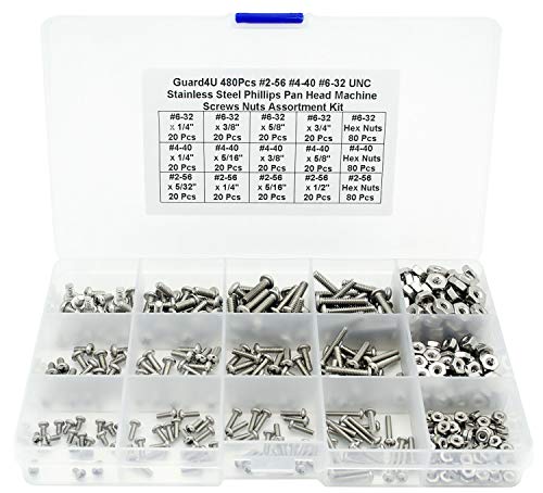 480Pcs #2-56#4-40#6-32 UNC Stainless Steel Phillips Pan Head Machine Screws Nuts Assortment Kit - size: #2-56,#4-40,#6-32