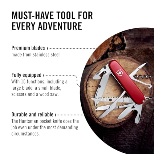 Victorinox Huntsman Swiss Army Knife, 15 Functions, Swiss Made Pocket Knife with Large Blade, Screwdriver, Scissors and Wood Saw - Red - color: Red, style: Single Knife