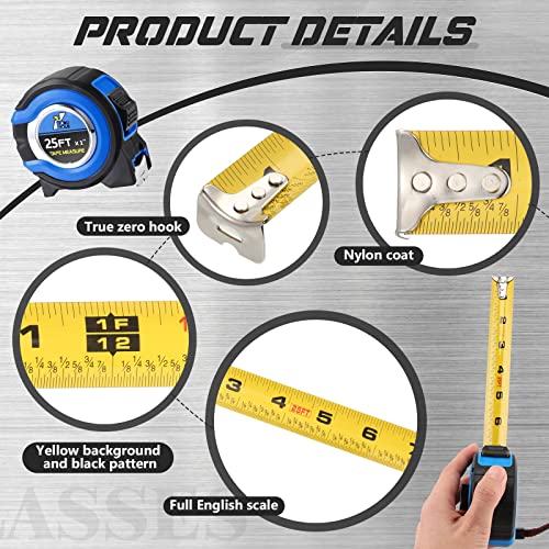 Youyole 24 Pack Tape Measure with Fractions 1/8 Steel Measuring Tape Retractable Easy Read Measurement Ruler Steel Power Blade (25 ft X 1 in,Blue) - color: Blue