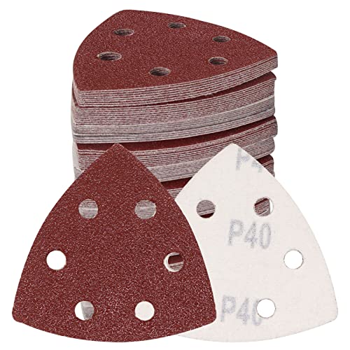 120 Pcs Triangle Sanding Pads, 40 Grits Detail Sander Sandpaper Hook and Loop Sanding Sheet,3.54"(90mm) Triangular Sandpaper for 3.5" Oscillating Multi Tool - size: 40 Grit, style: Hole