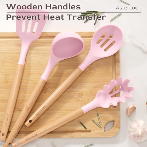 Astercook Kitchen Utensils set, 39 PCS Silicone Cooking Utensils Set with Wooden Handle, 446°F Heat Resistant Food Grade Utensil Sets, BPA Free Kitchen Gadgets Tools Set for Nonstick Cookware (Pink) - color: Pink