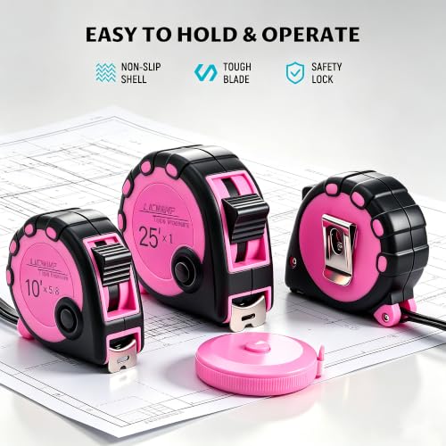Lichamp Pink Tape Measure 4 Pack, 10ft x 5/8in, 16ft x 3/4in, 25ft x 1in