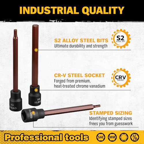 Extra-Long Allen Hex Bit Socket Set: 20-Piece 3/8 Inch Drive, 110mm S2 Steel, Standard SAE & Metric (1/8-Inch - 7/16-Inch, 3-12mm) for Impact Drills and Ratchet Wrenches - style: 110mm Allen Hex Bit Socket Set