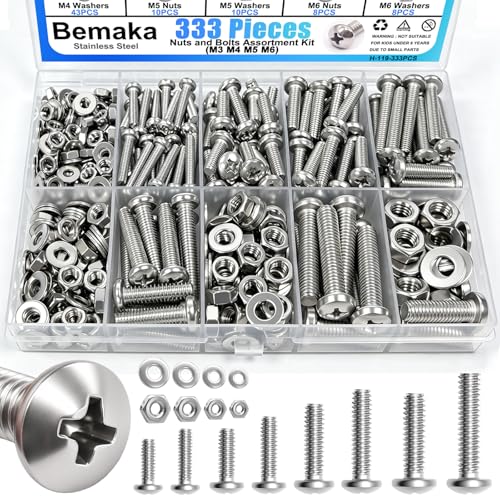 333Pcs Machine Screws Nuts and Bolts Assortment Kit, Stainless Steel Bolts 9 Sizes M3 M4 M5 M6 Phillips Pan Head Screw Assortment Kit for Furniture, Automotive, Appliance Repair, DIY Projects - size: 333PCS