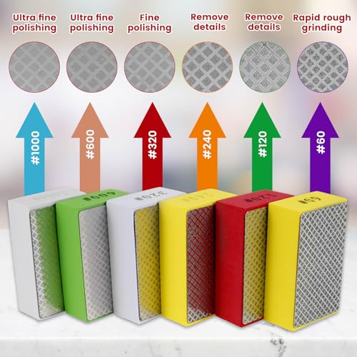 6 Pcs Diamond Hand Polishing Pads, 60/120/240/320/600/1000 Grit Wet Dry Diamond Sanding Blocks with Sponge Backing, Anti-Clogging Grid,Reusable for Sands Glass Wood Ceramic Marble Metal Tile Tools