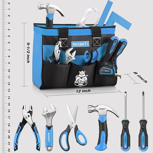 REXBETI 10-Piece Kids Tool Set with Real Hand Tools, Blue Durable Storage Bag, Children Learning Tool Kit for Home DIY and Woodworking,6+ Years Old Birthday Gift - color: Zima Blue
