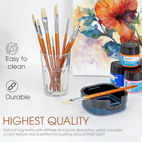 DUGATO Hog Hair Flat Paint Brush Set, 10-Piece Short Handle Brushes - color: Brown - 10pcs Flat
