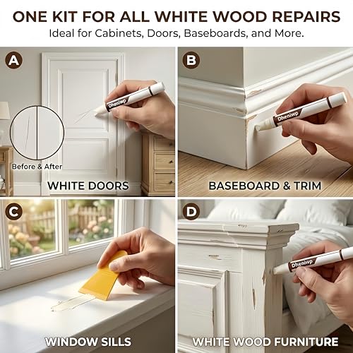 4-Color White Wood Repair Wax Sticks: Pure/Milk/Ivory/Warm White - Fix Furniture Scratches, Baseboard Nail Holes, Cabinets, Trim & Doors | Wood Filler Putty Kit