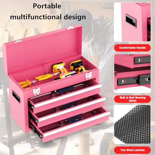 3 Drawer Metal Tool Box, Portable Metal Tool Box with EVC Liners and Latches Closure, Heavy Duty Steel Tool Chest with Ball Bearing Opening and Powder Coated Finish, Pink - color: Pink