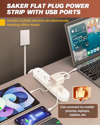 Saker 8ft Surge Protector, 3 Outlets, 3 USB, Flat Plug, White - style: 8ft Surge Protector with USB Ports