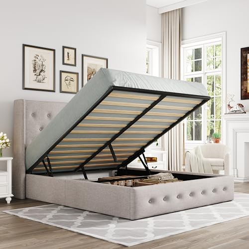 Allewie Full Size Lift Up Storage Button-Tufted Bed Frame Light Beige - color: Beige, size: Full, style: Traditional