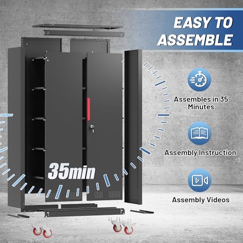 Metal Storage Cabinet with Wheels,71"H Garage Cabinets with 4 Adjustable Shelves + Lockable Door,Heavy-Duty Garage Cabinet and Storage System for Garage,Home Workshop & Office(200 lbs per shelf)
