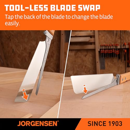 JORGENSEN Japanese Pull Saw, 9.5 Inch Pro Folding Dovetail Saw with Beech Wood Long handle, SK5 Steel Blade Tool-less Quick Change, 21TPI Cross Cut Woodworking Handsaw for Hardwood, Softwood - size: 9.5 Inch