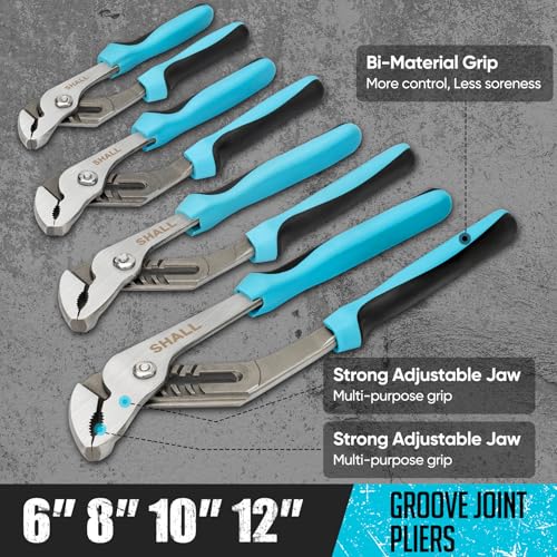 SHALL 8-Piece Adjustable Wrench & Water Pump Pliers Set, 12/10/8/6 Inch, 4Pcs Adjustable Tongue and Groove Joint Pliers and 4Pcs Wide Jaw Forged Steel Wrench for Plumbing, Gripping, Auto Home Repair