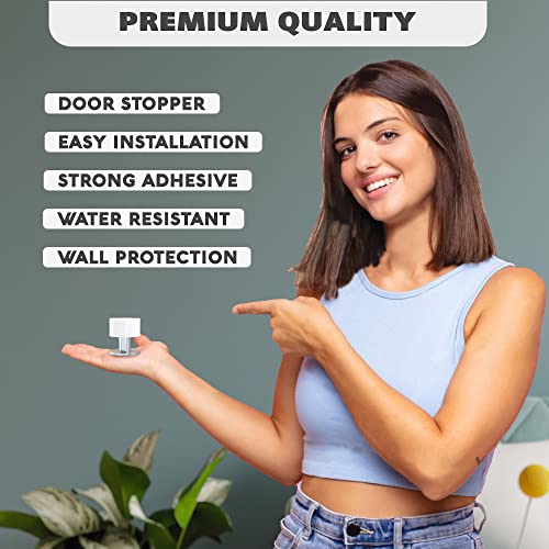 Door Stoppers 2-Pack with Extra Stickers - Two Self-Adhesive White Rubber Door Stops - Heavy Duty Stainless Steel Body with Sound Dampening Bumper Top - Ideal for Home and Office Use