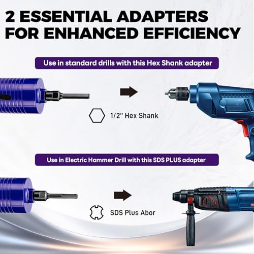 2" Core Drill Bit with Pilot Bit & Adapters(SDS Plus and 1/2" Hex), 5/8"-11 Thread, 9.5" Depth, Upgraded-Welded Segments Diamond Core Bits for Concrete, Masonry, Brick Block - size: 2 in