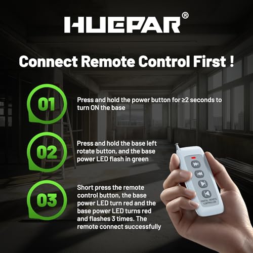 Huepar Electric Rotating Base for Laser Level – Remote Control, Dual-Speed 0.088°/s Fine Adjustment, Adjustable Tripod Legs, 5/8"-11 Thread with 1/4"-20 Adapter, 360° Motorized Turntable