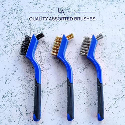 Lavaxon Wire Brush Set 3Pcs - Nylon/Brass/Stainless Steel Bristles with Curved Handle Grip for Rust, Dirt & Paint Scrubbing with Deep Cleaning – 7 Inches (Blue) - color: Blue
