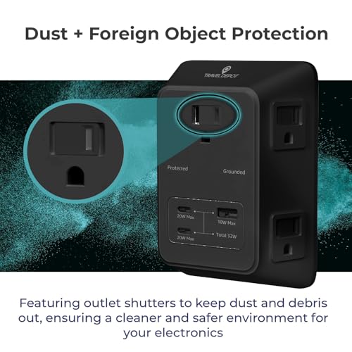 Travel Depot 5-Outlet Wall Outlet Extender with Surge Protector, (Black) | 2 USB-C PD & 1 USB-A Charging Ports, 32W Fast Charging, Multi Plug Wall Adapter, 3-Sided Design for Home & Office - color: Black