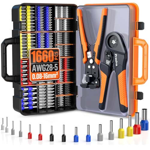 Preciva Ferrule Crimping Tool Kit with Wire Stripper, Hexagonal Ferrule Crimper AWG 28-5（0.08-16mm²） Self-Adjustable Ratchet Ferrule Terminals Crimping Tool with 1660Pcs Ferrules Connectors - size: Hexagonal Ferrule Crimping Tool Kit