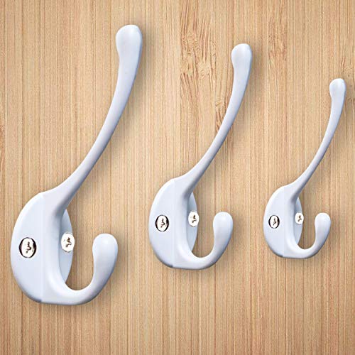 10 Pack Heavy Duty Dual Coat Hooks Wall Mounted with 20 Screws Retro Double Hooks Utility Black Hooks for Coat, Scarf, Bag, Towel, Key, Cap, Cup, Hat (White) - color: White