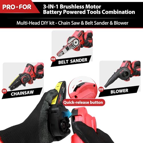 12V Brushless Combination Power Tool Kit, 3-in-1 Cordless Multi-Head System with Mini Chainsaw, Belt Sander, Blower, Interchangeable Heads for DIY & Home Workshop