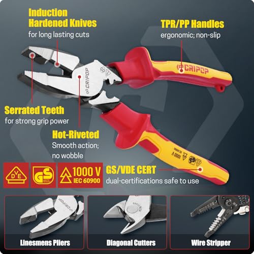 3 PCS Insulated Pliers Set, 1000V Insulated Electrical Tools Kit with Wire Stripper, Linesmen & Diagonal Cutters, VDE Certified