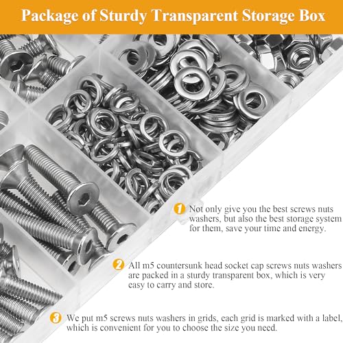 245 Pieces M5 Screws Nuts Washers Set, Sutemribor M5 x 6/8/10/12/16/20/25mm Countersunk Head Socket Cap Screws Nuts Washers Assortment Kit, 304 Stainless Steel, Fully Threaded - size: M5, style: Countersunk Head Socket Cap