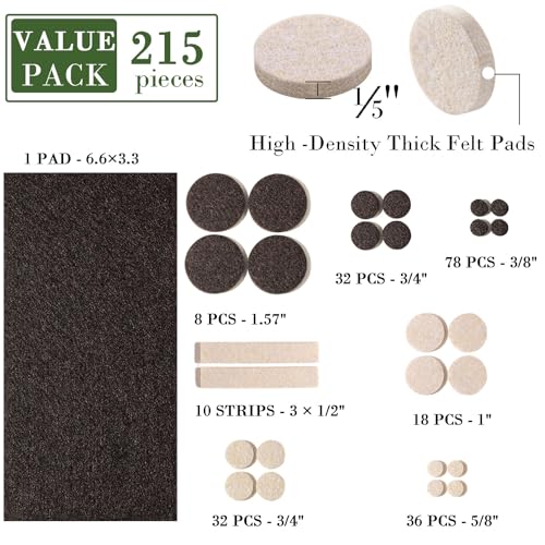 Fursafe&Q Felt Furniture Pads, Furniture Felt Pads for Hardwood Floors -Self Adhesive Chair Leg Floor Protectors, Protect Your Floors from Nicks, Bumps and Scratch, 215 Pcs Brown Beige Chair Feet - size: 215 Pcs Beige Brown Felt Pads