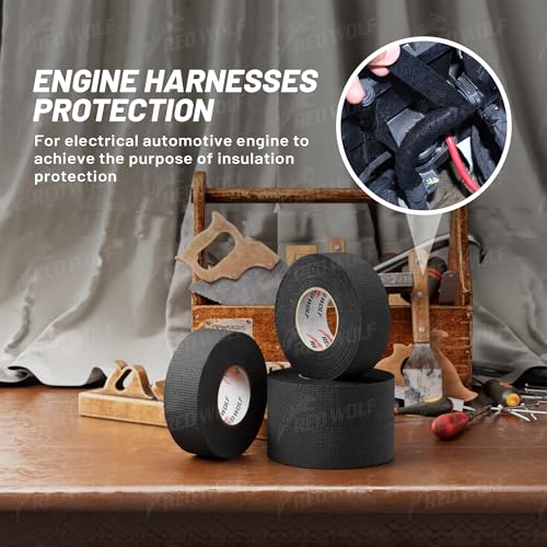 RED WOLF Wire Electrical Tape, 1 Inch x 50 Feet 2-Roll, Felt Cloth Electric Tape Noise Dampening High Temp Wiring Loom Harness, Self-Adhesive Fabric Tape for Automotive Engines Wrap Protection