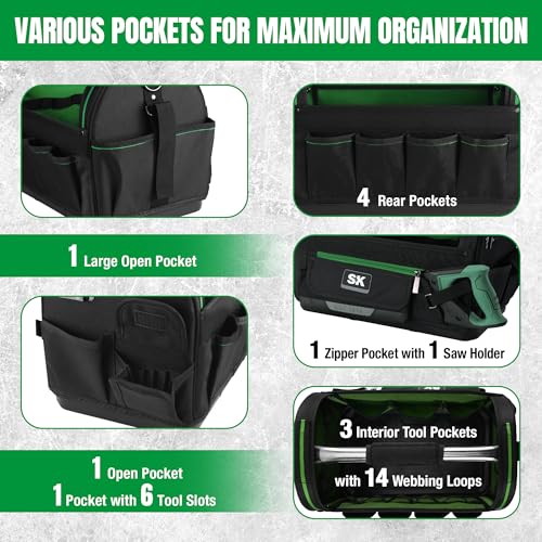SK 18-Inch Open Top Tool Bag, Tool Tote, 1680D Fabric, Waterproof Hard Base