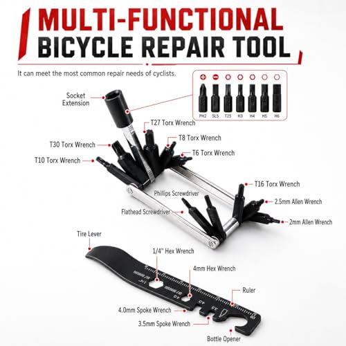 38-in-1 Bike Multitool – Portable Magnetic Bike Repair Tool Set with Tire Levers, Chain Cutter, Hex Wrenches, Spoke Wrenches, Box Spanner, Bottle Opener, and Includes Storage Bag