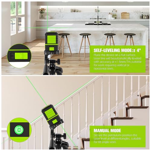 Laser Level with Tripod, 100 Ft Manual Self leveling Laser Level, Green Cross Line，Use for Picture Hanging Floor Construction Tile Wall Home Renovation, Indoor Project, Battery Included（Green) - color: Green